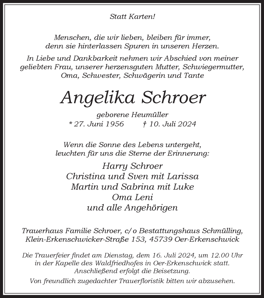  Traueranzeige für Angelika Schroer vom 13.07.2024 aus Trauer Vest