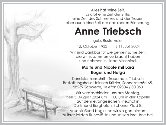 Traueranzeige von Anna Triebsch von Ruhr Nachrichten