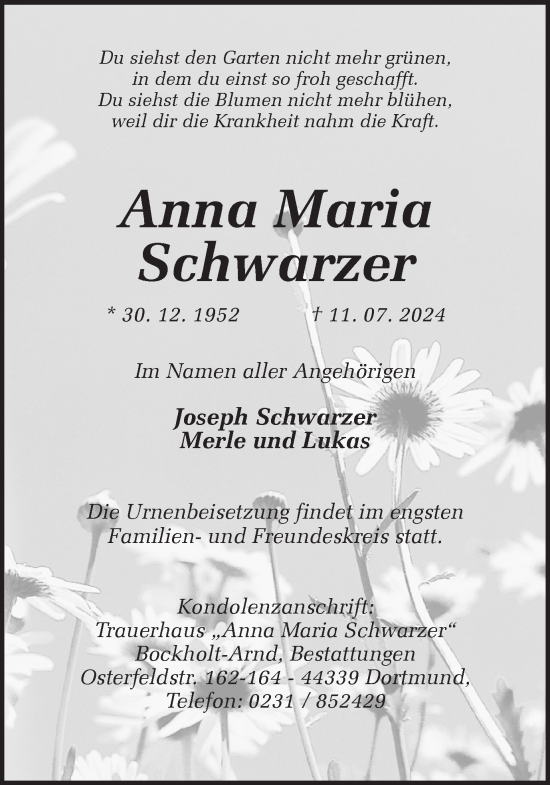 Traueranzeige von Anna Maria Schwarzer von Ruhr Nachrichten