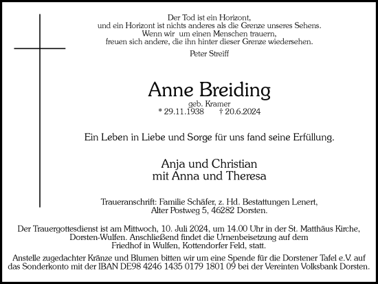 Traueranzeige von Anne Breiding von Ruhr Nachrichten und Dorstener Zeitung