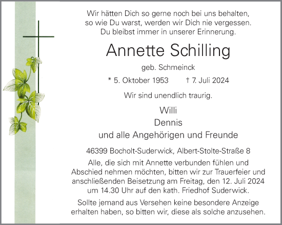 Traueranzeige von Annette Schilling von Bocholter-Borkener Volksblatt