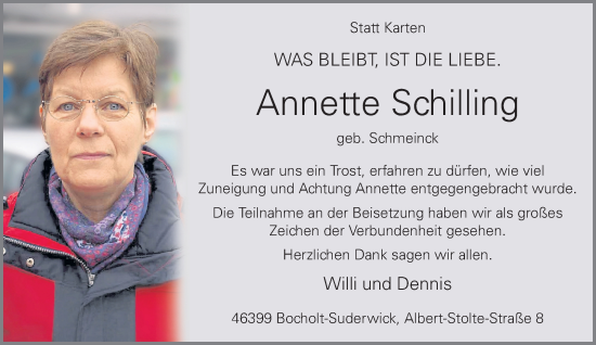 Traueranzeige von Annette Schilling von Bocholter-Borkener Volksblatt