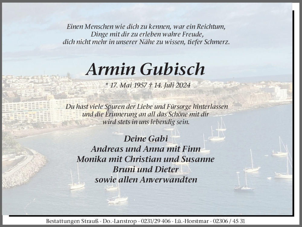  Traueranzeige für Armin Gubisch vom 27.07.2024 aus Lüner Anzeiger