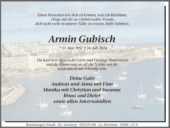 Traueranzeige von Armin Gubisch von Ruhr Nachrichten