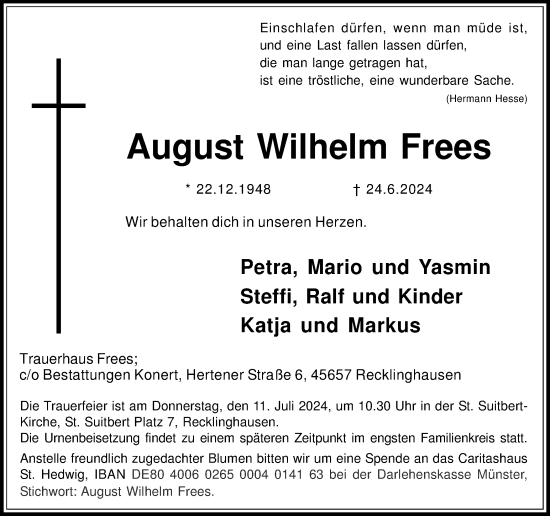 Traueranzeige von August Wilhelm Frees von Recklinghäuser Zeitung