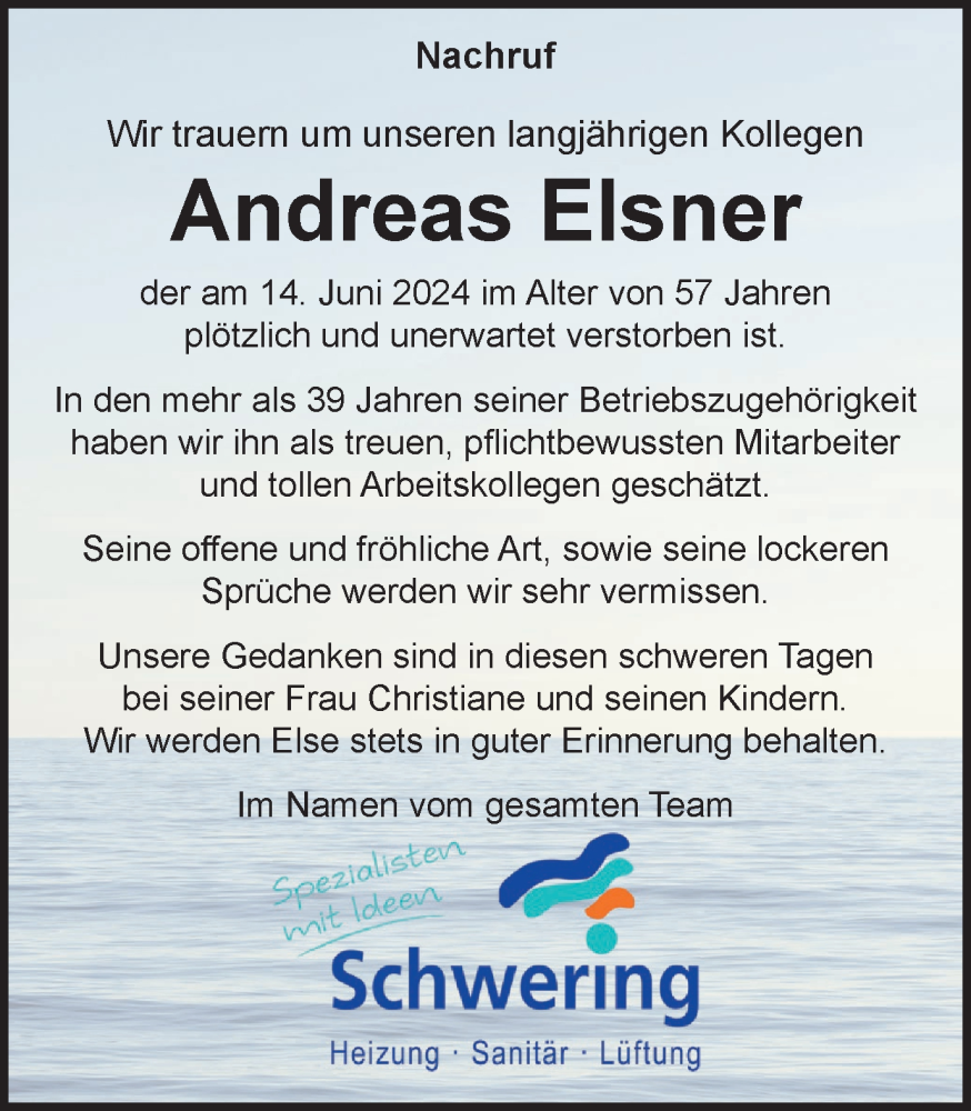  Traueranzeige für Andreas Elsner vom 29.06.2024 aus Ruhr Nachrichten