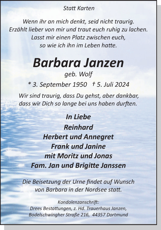 Traueranzeige von Barbara Janzen von Ruhr Nachrichten