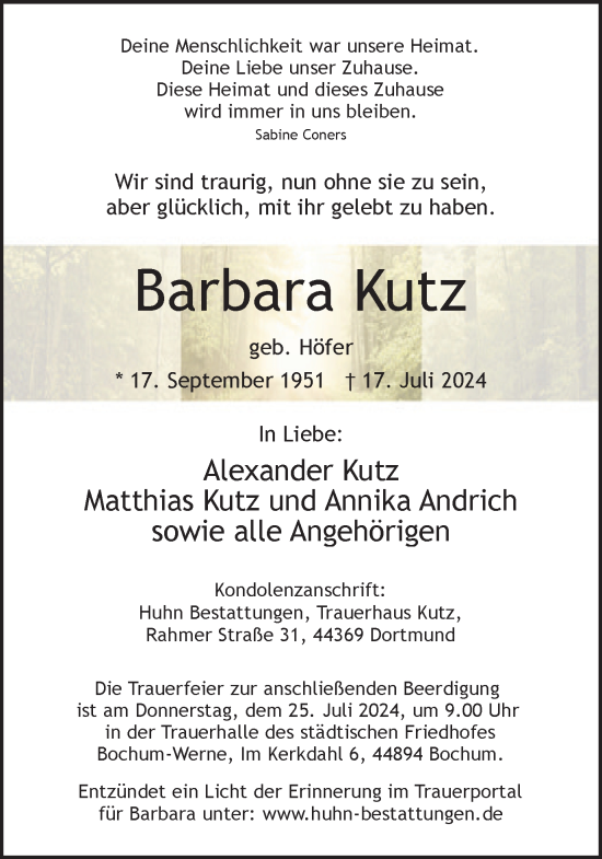 Traueranzeige von Barbara Kutz von Ruhr Nachrichten