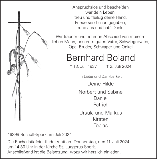Traueranzeige von Bernhard Boland von Bocholter-Borkener Volksblatt