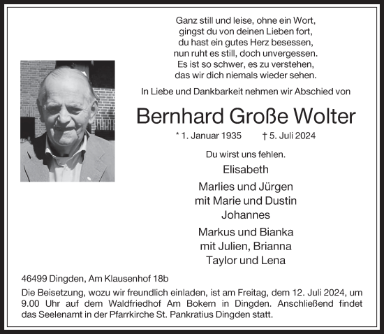 Traueranzeige von Bernhard Große Wolter von Bocholter-Borkener Volksblatt