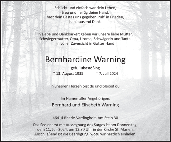 Traueranzeige von Bernhardine Warning von Bocholter-Borkener Volksblatt