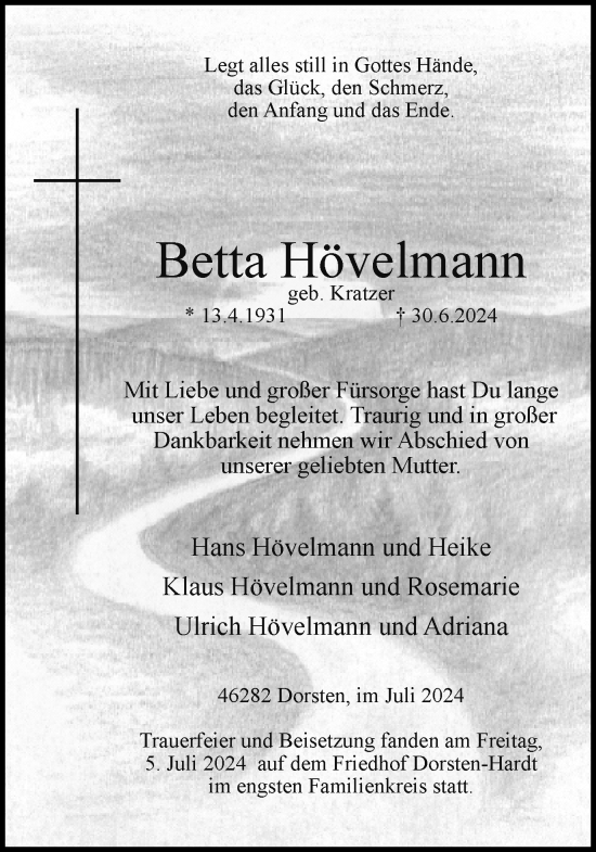 Traueranzeige von Betta Hövelmann von Ruhr Nachrichten und Dorstener Zeitung