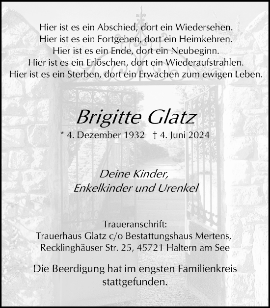 Traueranzeige von Brigitte Glatz von Ruhr Nachrichten und Halterner Zeitung