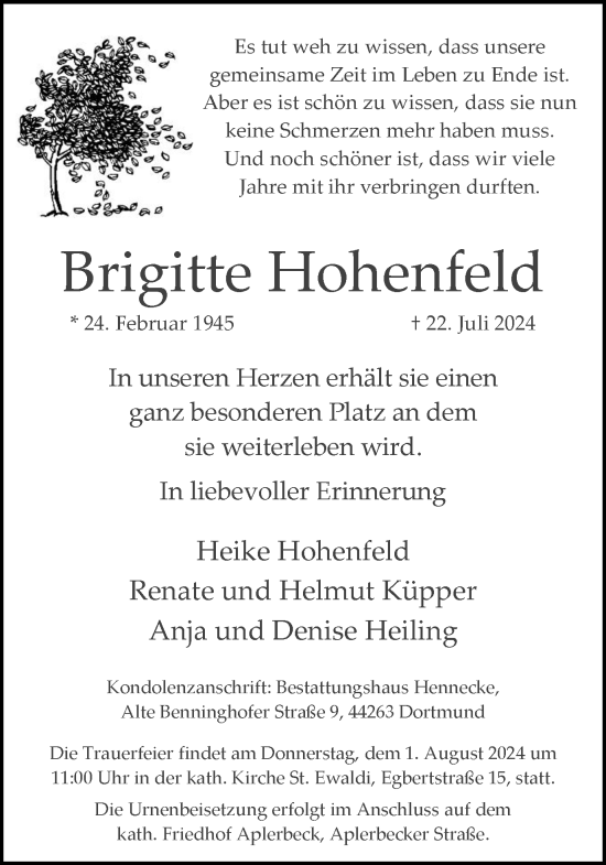 Traueranzeige von Brigitte Hohenfeld von Ruhr Nachrichten