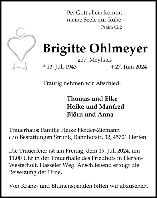 Traueranzeige von Brigitte Ohlmeyer von Trauer Vest