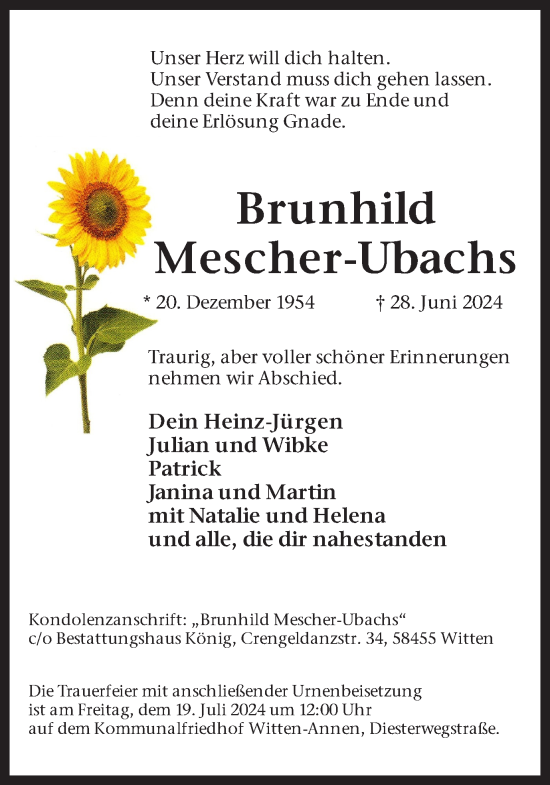 Traueranzeige von Brunhild Mescher-Ubachs von Ruhr Nachrichten