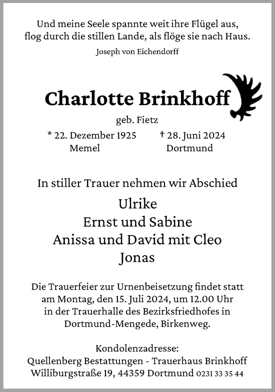 Traueranzeige von Charlotte Brinkhoff von Ruhr Nachrichten