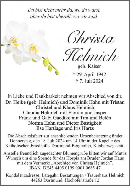 Traueranzeige von Christa Helmich von Ruhr Nachrichten