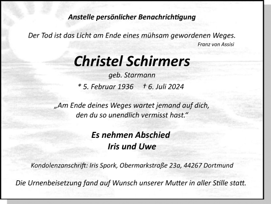 Traueranzeige von Christel Schirmers von Ruhr Nachrichten