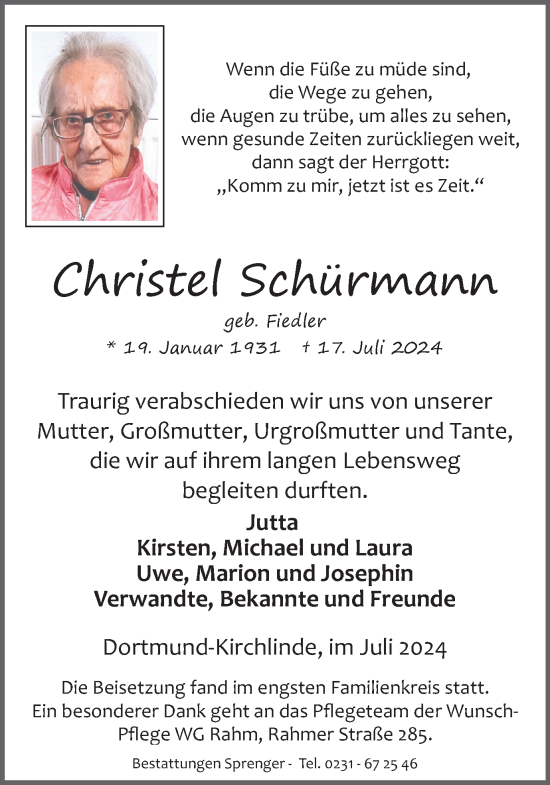 Traueranzeige von Christel Schürmann von Ruhr Nachrichten