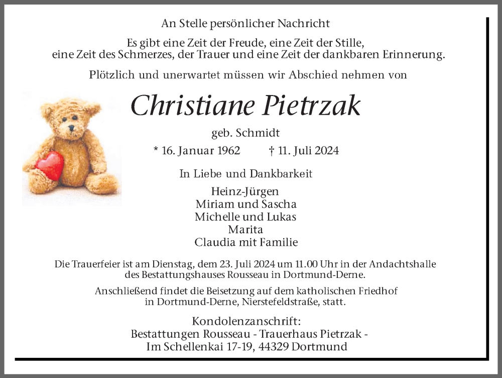  Traueranzeige für Christiane Pietrzak vom 20.07.2024 aus Ruhr Nachrichten