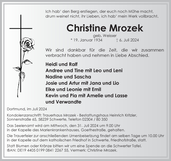 Traueranzeige von Christine Mrozek von Ruhr Nachrichten