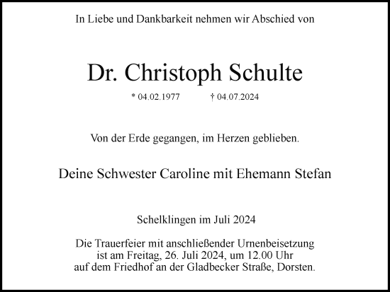 Traueranzeige von Christoph Schulte von Ruhr Nachrichten und Dorstener Zeitung