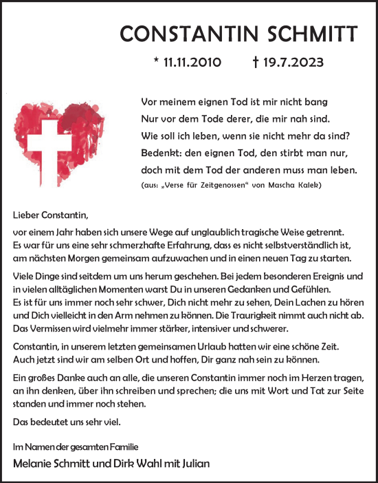 Traueranzeige von Constantin Schmitt von Trauer Vest