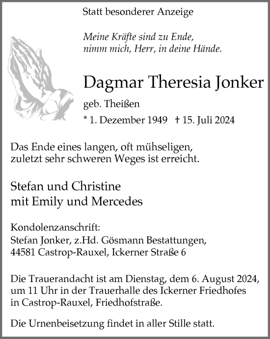 Traueranzeige von Dagmar Theresia Jonker von Trauer Vest