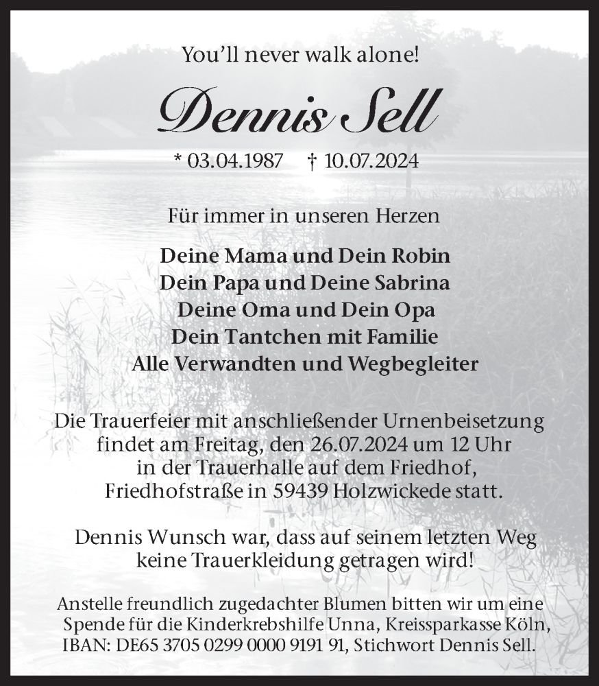  Traueranzeige für Dennis Sell vom 13.07.2024 aus Hellweger Anzeiger