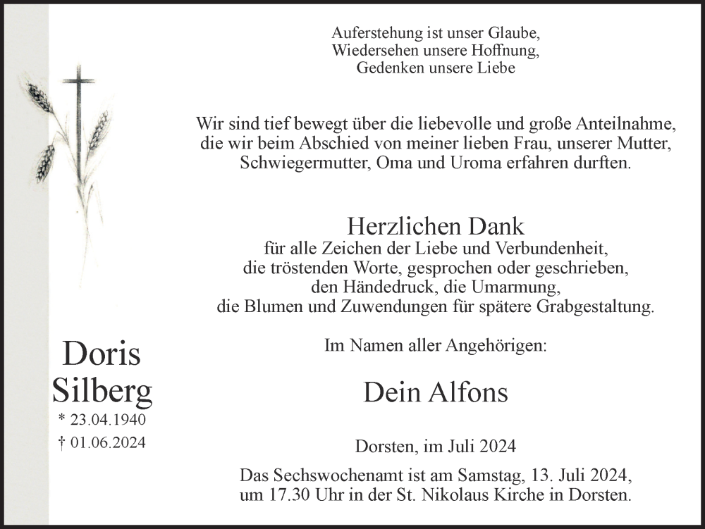  Traueranzeige für Doris Silberg vom 06.07.2024 aus Ruhr Nachrichten und Dorstener Zeitung
