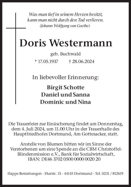 Traueranzeige von Doris Westermann von Ruhr Nachrichten