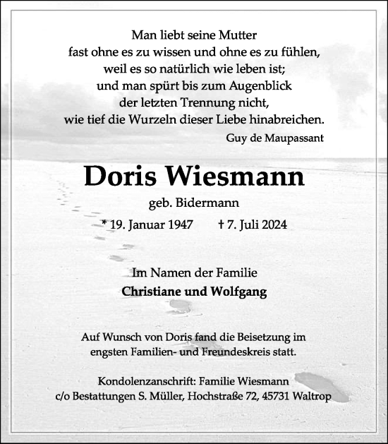 Traueranzeige von Doris Wiesmann von Trauer Vest