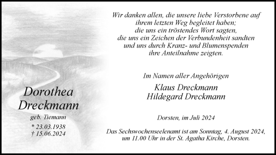 Traueranzeige von Dorothea Dreckmann von Ruhr Nachrichten und Dorstener Zeitung