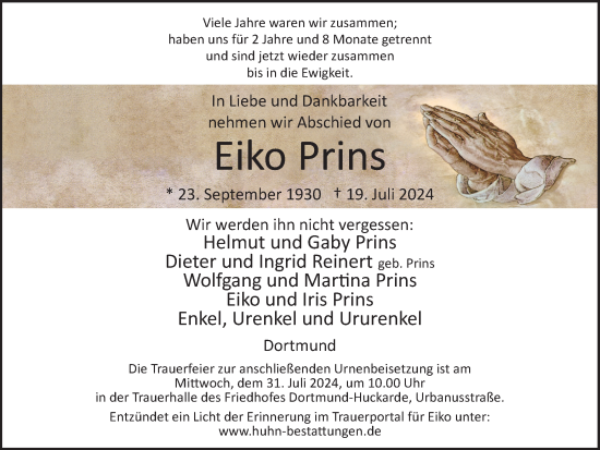 Traueranzeige von Eiko Prins von Ruhr Nachrichten