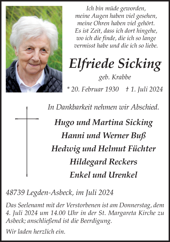 Traueranzeige von Elfriede Sicking von Münsterland Zeitung
