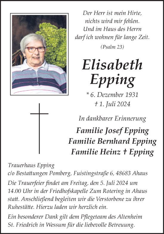 Traueranzeige von Elisabeth Epping von Münsterland Zeitung