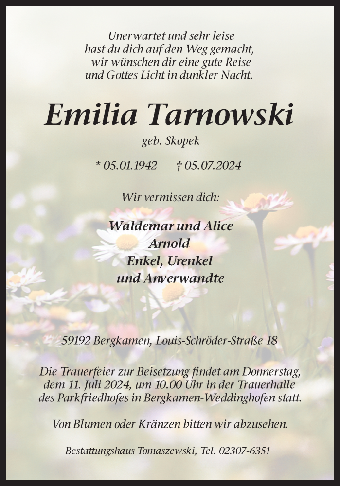  Traueranzeige für Emilia Tarnowski vom 09.07.2024 aus Hellweger Anzeiger