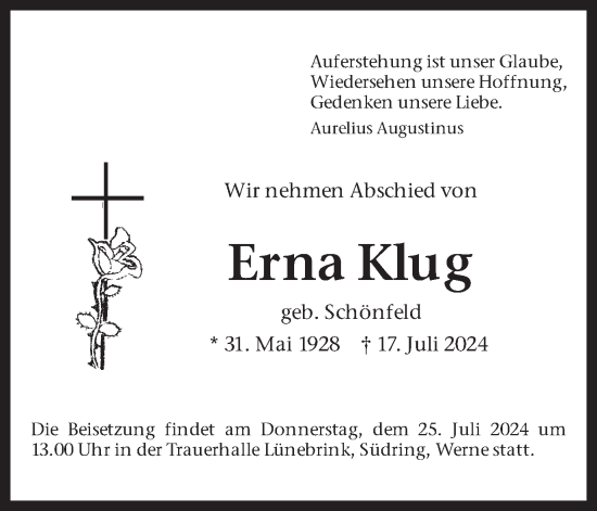 Traueranzeige von Erna Klug von Ruhr Nachrichten