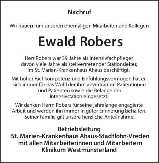 Traueranzeige von Ewald Robers von Münsterland Zeitung