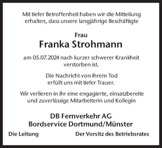Traueranzeige von Franka Strohmann von Ruhr Nachrichten