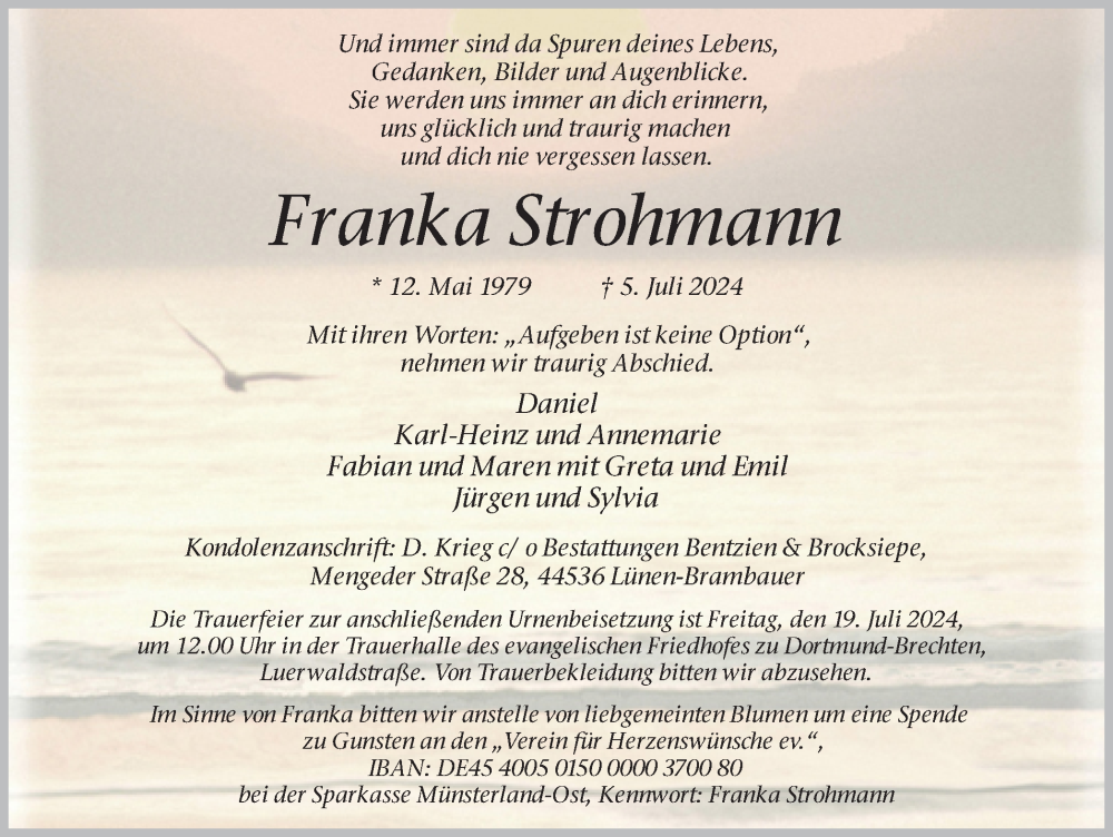  Traueranzeige für Franka Strohmann vom 16.07.2024 aus Ruhr Nachrichten