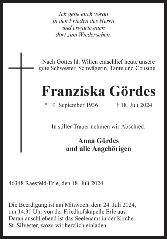 Traueranzeige von Franziska Gördes von Ruhr Nachrichten und Dorstener Zeitung