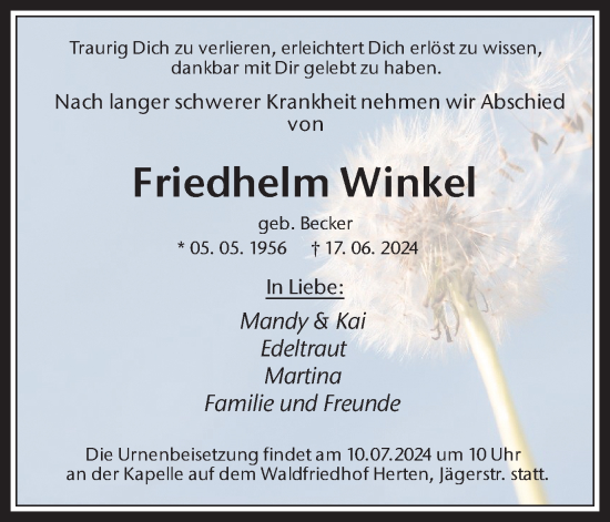 Traueranzeige von Friedhelm Winkel von Recklinghäuser Zeitung