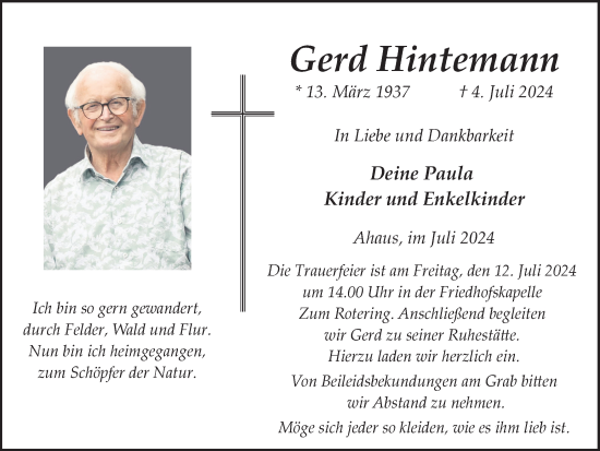 Traueranzeige von Gerd Hintemann von Münsterland Zeitung