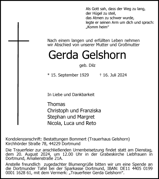Traueranzeige von Gerda Gelshorn von Ruhr Nachrichten