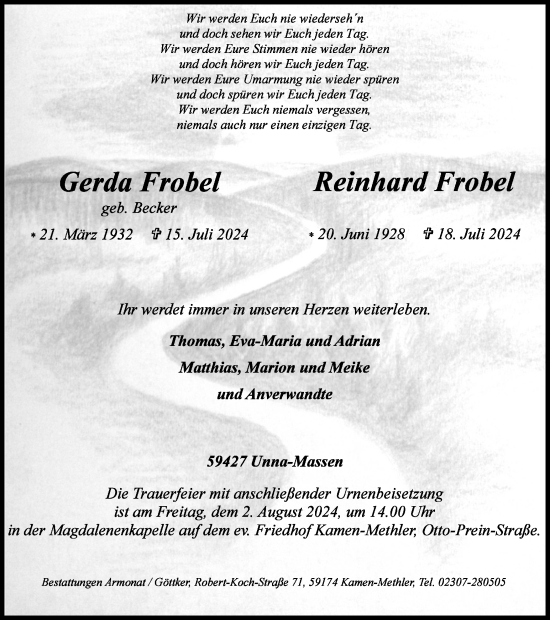 Traueranzeige von Gerda und Reinhard Frobel von Hellweger Anzeiger