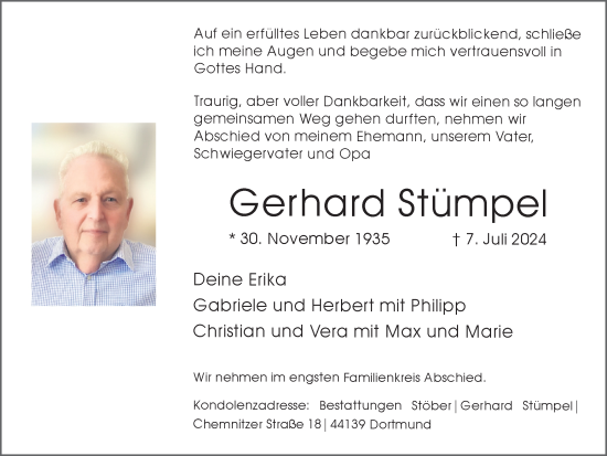 Traueranzeige von Gerhard Stümpel von Ruhr Nachrichten