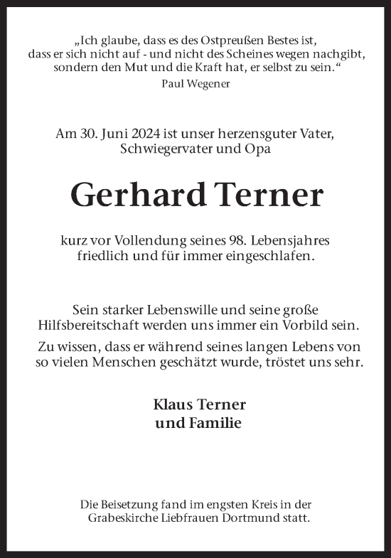 Traueranzeige von Gerhard Terner von Ruhr Nachrichten