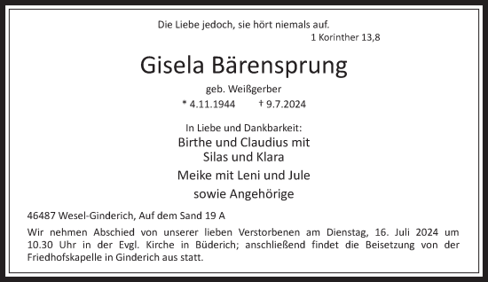 Traueranzeige von Gisela Bärensprung von Bocholter-Borkener Volksblatt